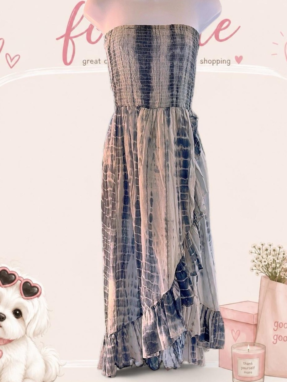 Smocked Strapless Blue Tie-Dye Maxi Dress